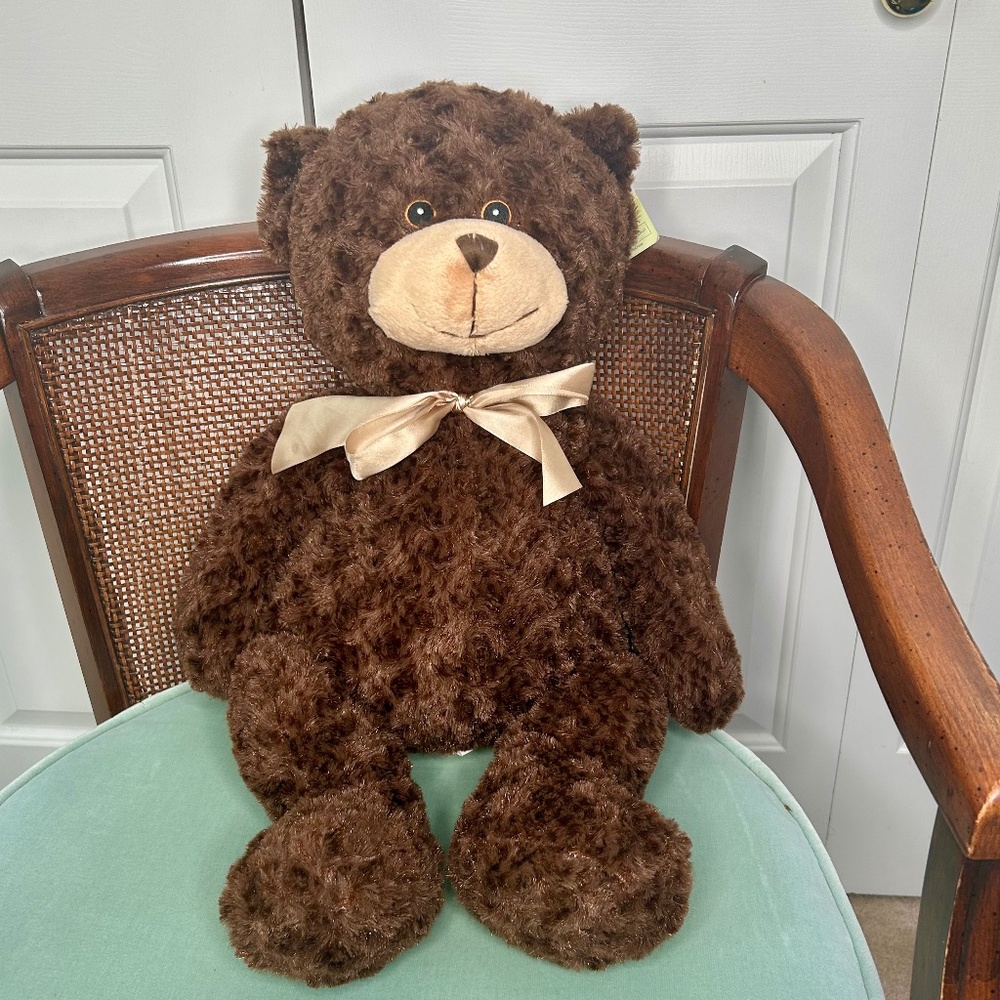 NWT Creature Comforts Soft Stuffed Brown Teddy Bear with Gold Satin Bow 49.5 cm
